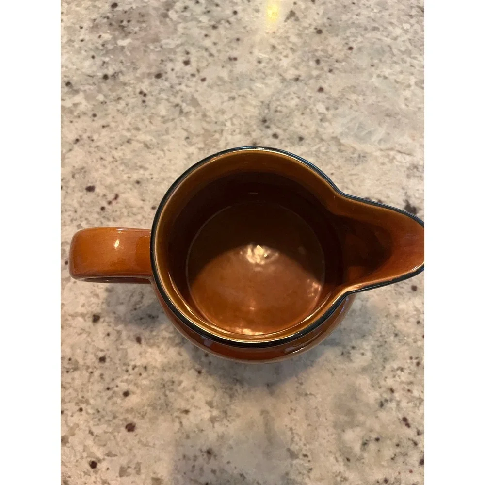 Vintage Burnt Orange Ceramic Pitcher with Ice Lip and Ribbed Neck Accent